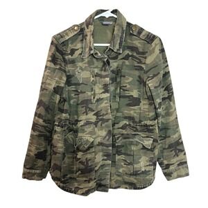 SANS SOUCI Womens Camouflage Camo Utility Jacket Button Zip Pockets Distressed S